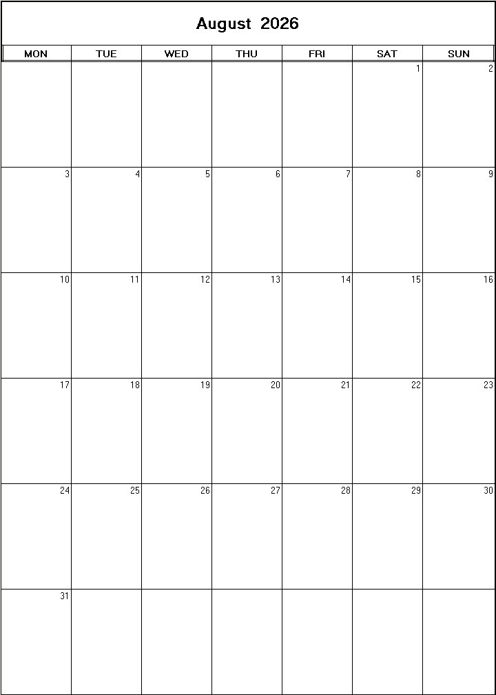 printable blank calendar image for August 2026