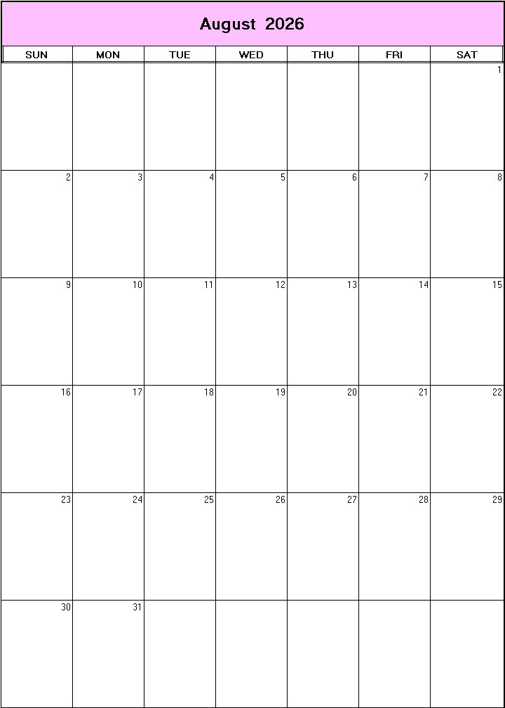 printable blank calendar image for August 2026