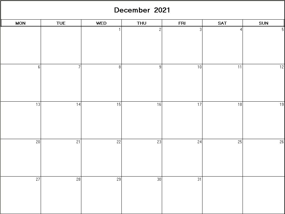 printable blank calendar image for December 2021