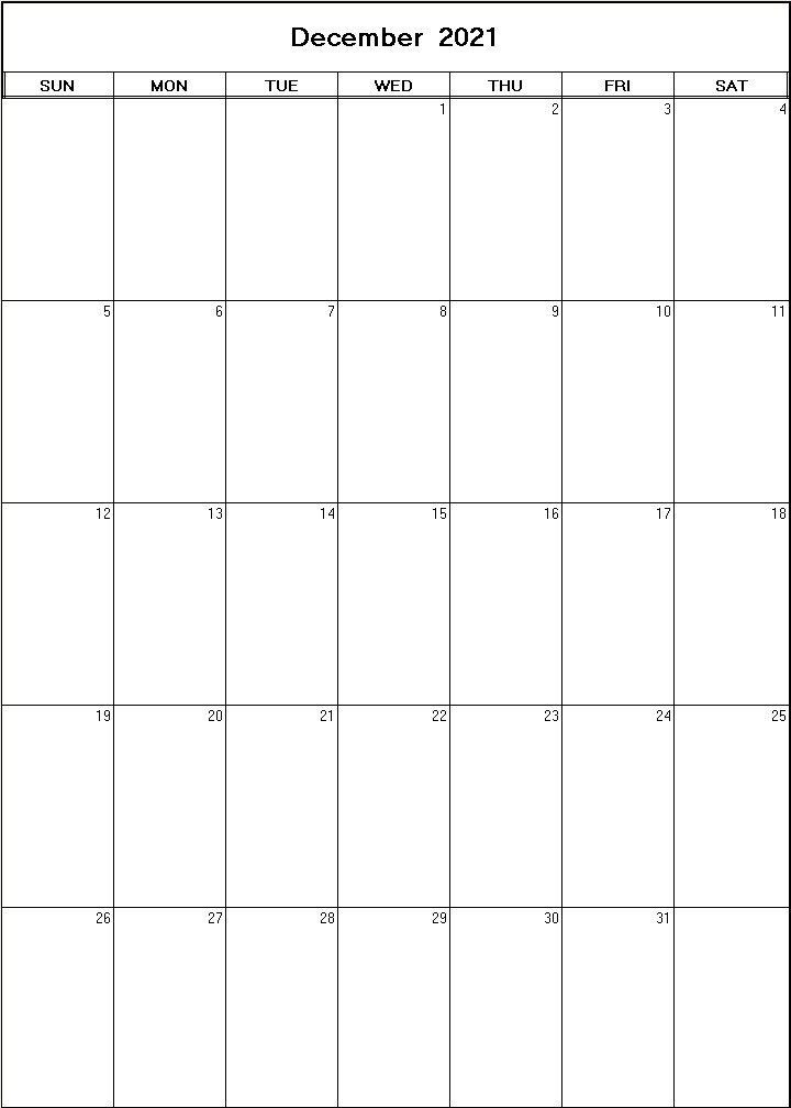 printable blank calendar image for December 2021