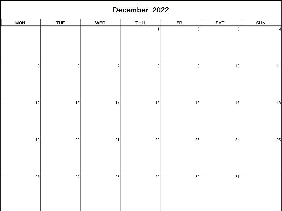 printable blank calendar image for December 2022