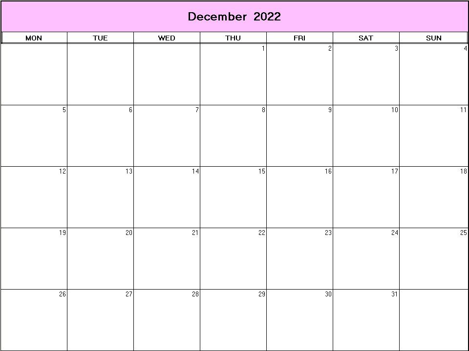 printable blank calendar image for December 2022