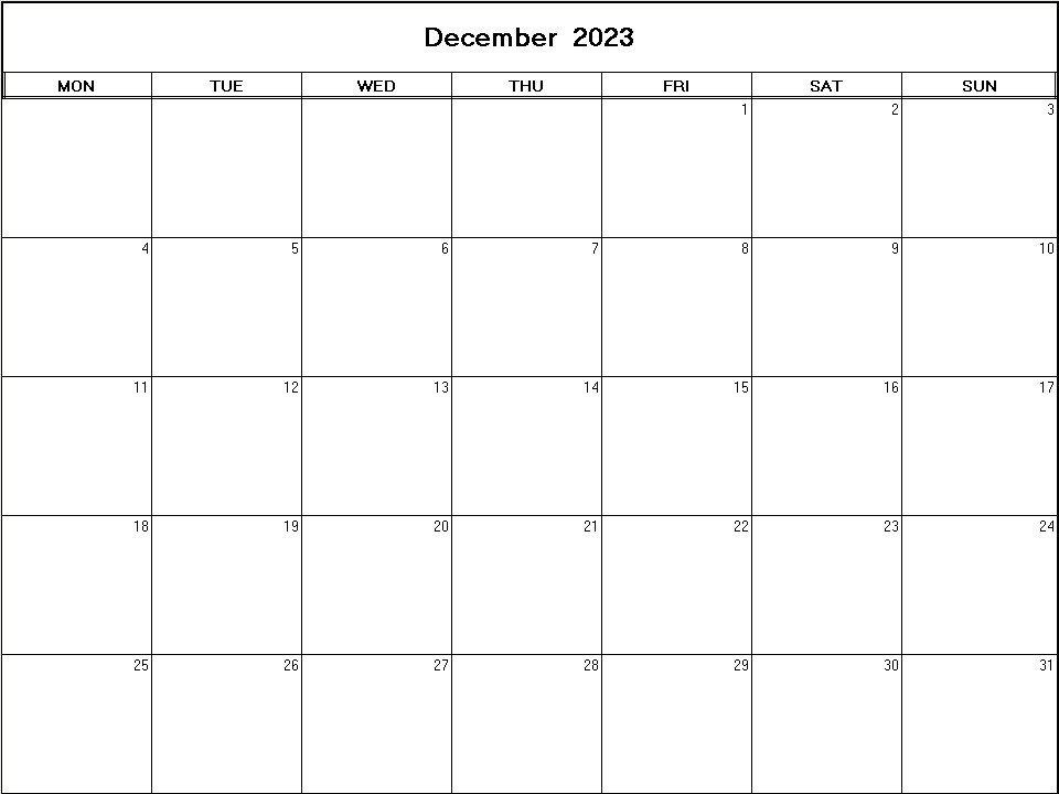 printable blank calendar image for December 2023