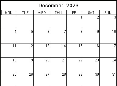 printable blank calendar image for December 2023