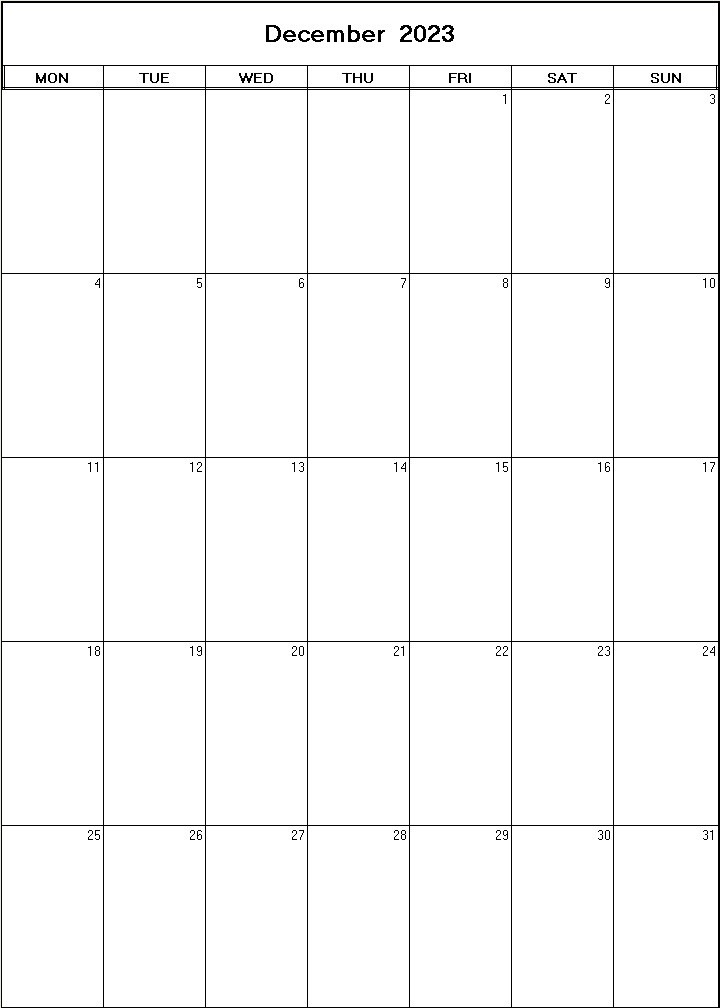 printable blank calendar image for December 2023