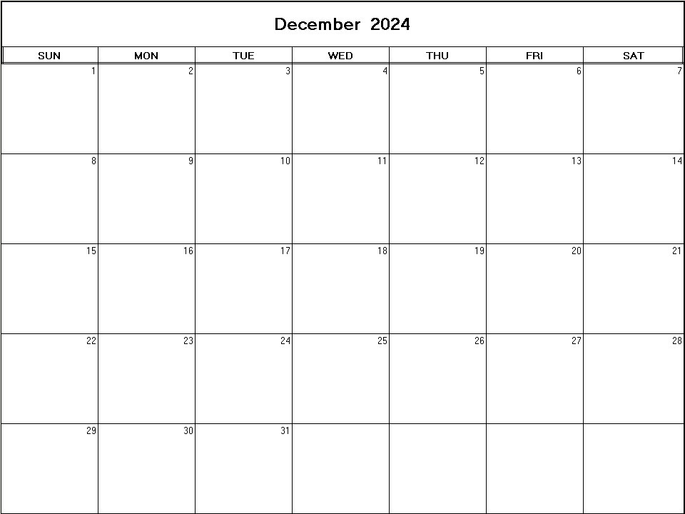 printable blank calendar image for December 2024