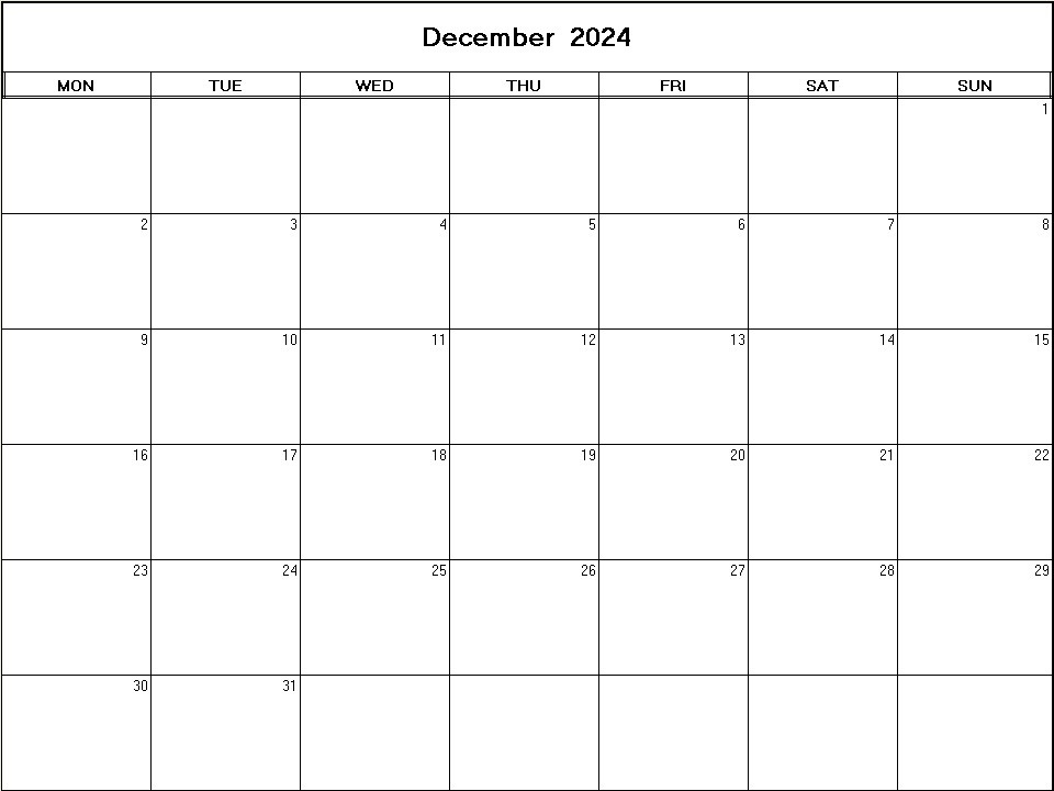 printable blank calendar image for December 2024