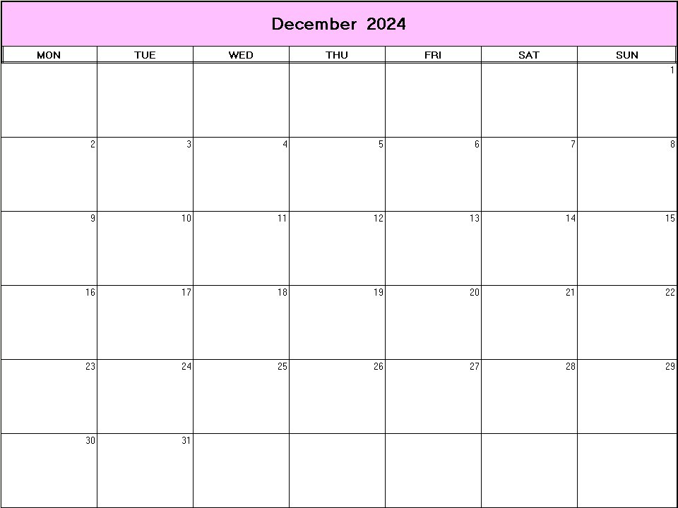 printable blank calendar image for December 2024