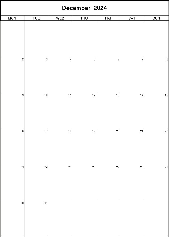 printable blank calendar image for December 2024