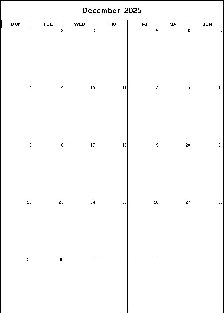 printable blank calendar image for December 2025