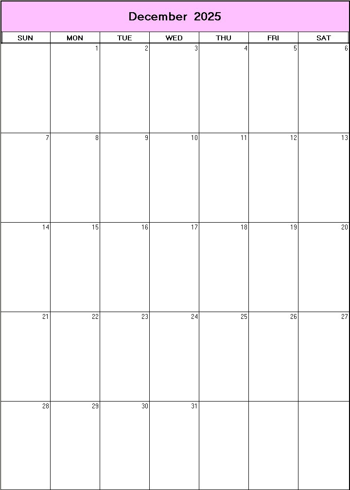printable blank calendar image for December 2025