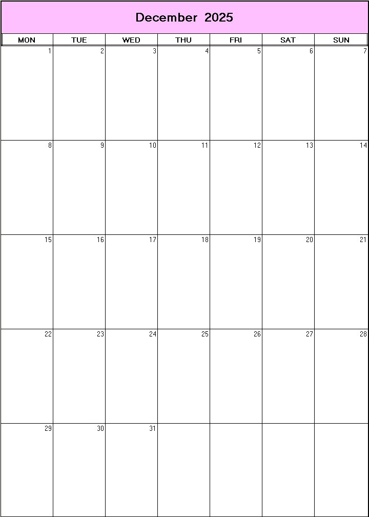 printable blank calendar image for December 2025