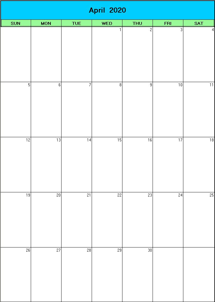 printable blank calendar image for Easter 2020