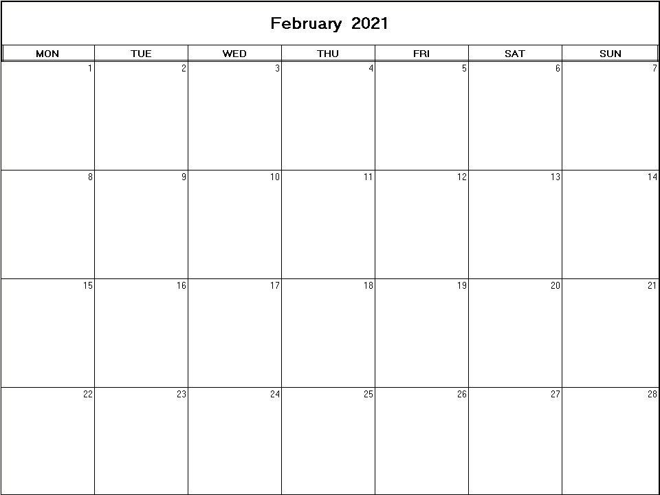 printable blank calendar image for February 2021