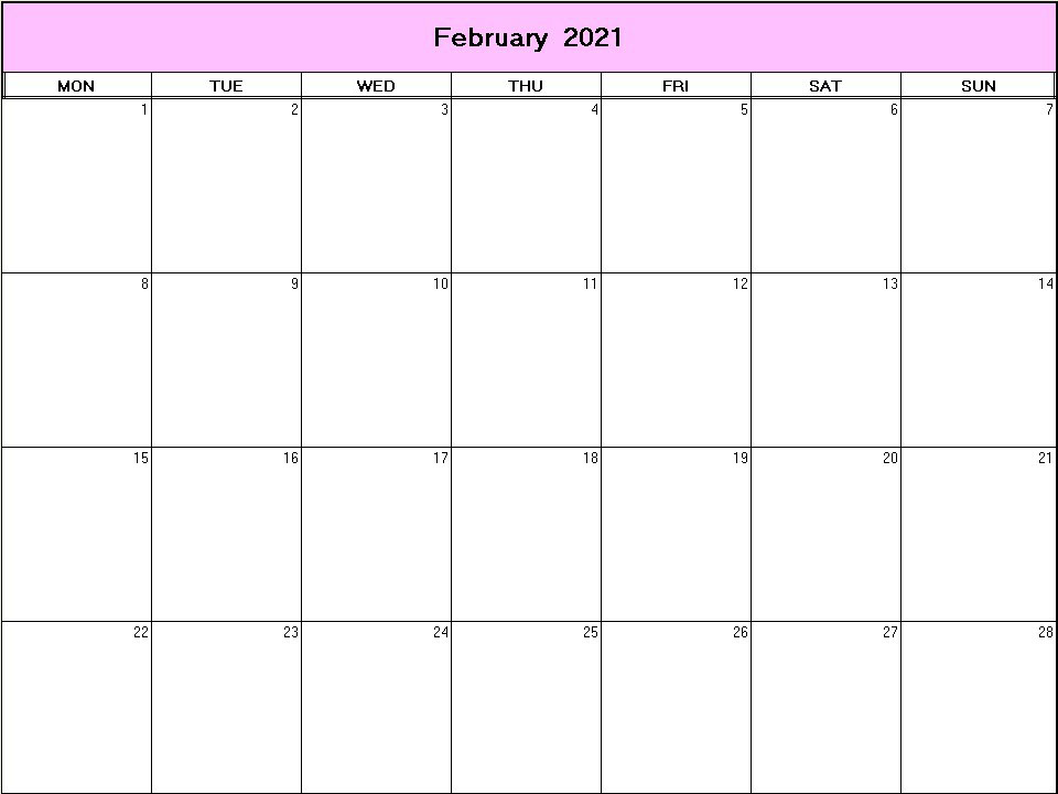 printable blank calendar image for February 2021