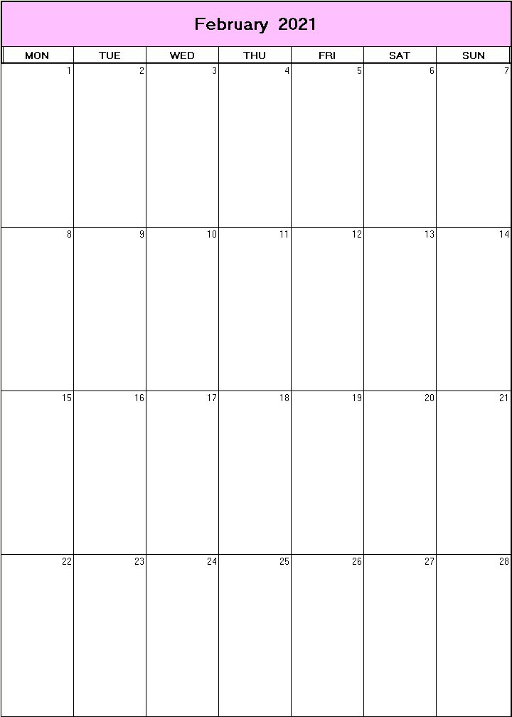 printable blank calendar image for February 2021