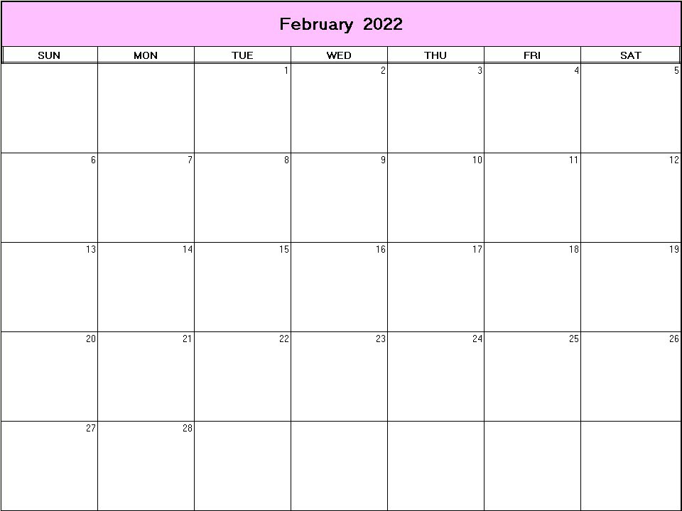 printable blank calendar image for February 2022