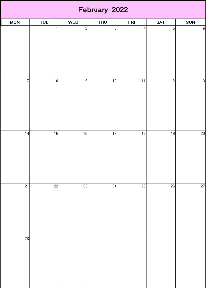 printable blank calendar image for February 2022