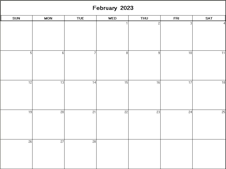 printable blank calendar image for February 2023