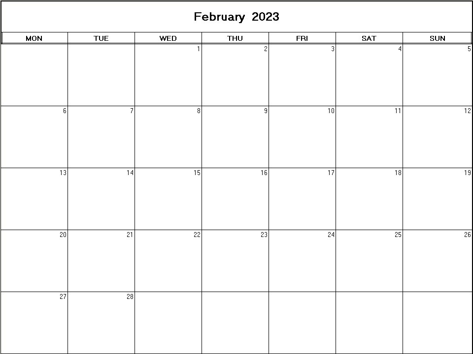 printable blank calendar image for February 2023