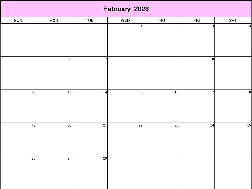 printable blank calendar image for February 2023