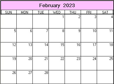 printable blank calendar image for February 2023
