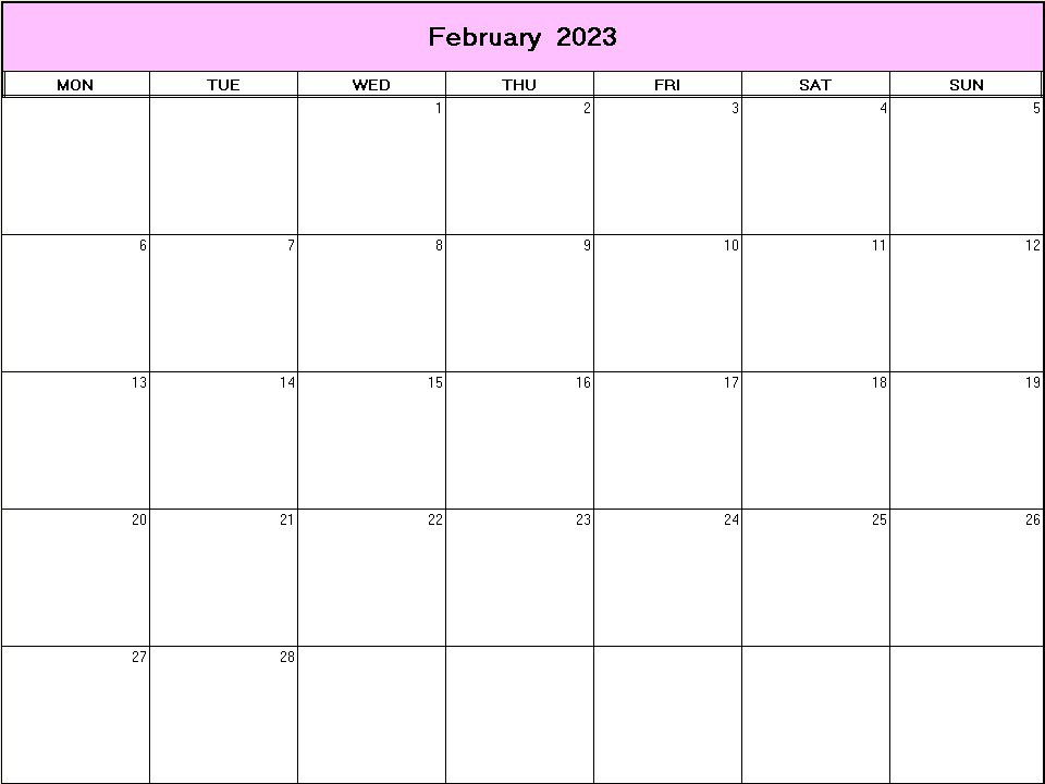 printable blank calendar image for February 2023