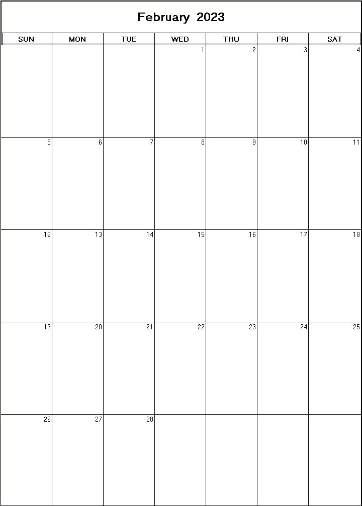 printable blank calendar image for February 2023