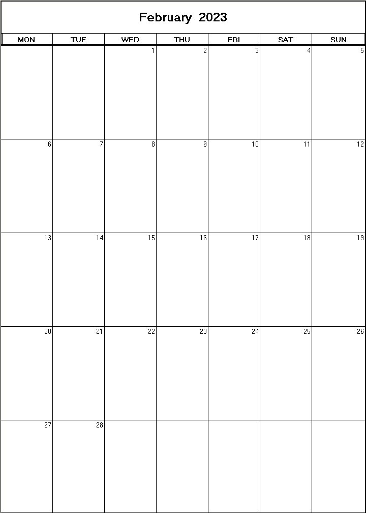 printable blank calendar image for February 2023