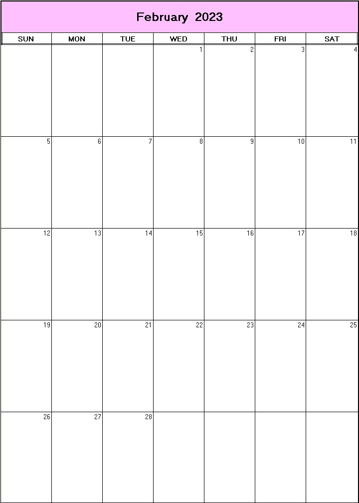 printable blank calendar image for February 2023