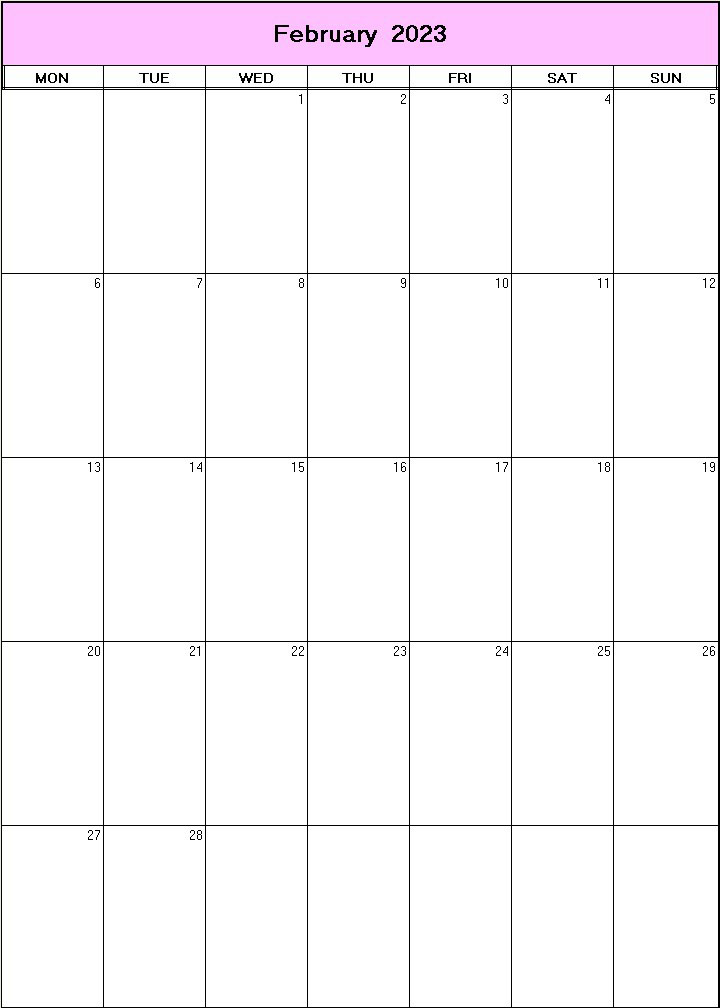 printable blank calendar image for February 2023