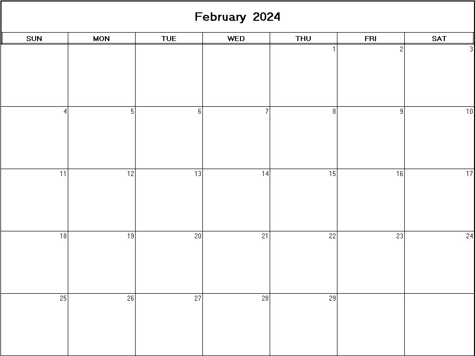 printable blank calendar image for February 2024