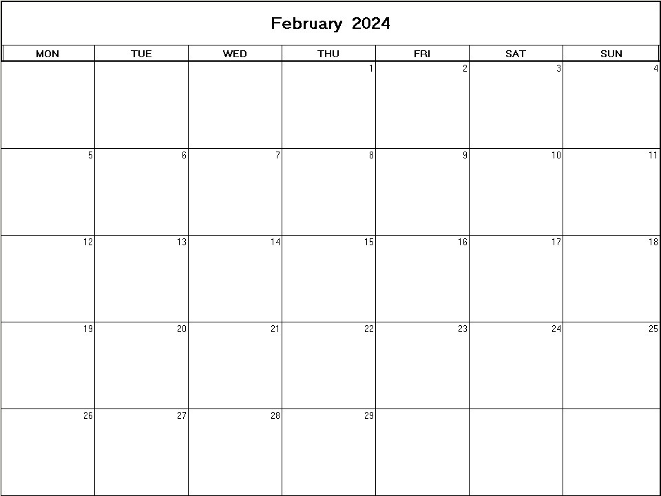 printable blank calendar image for February 2024