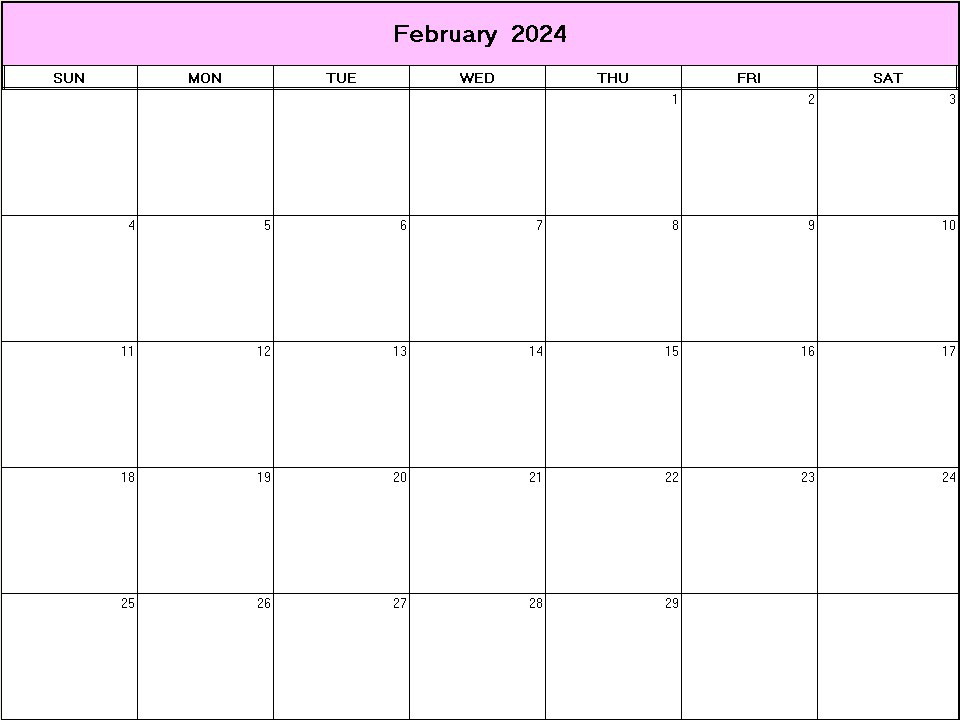 printable blank calendar image for February 2024