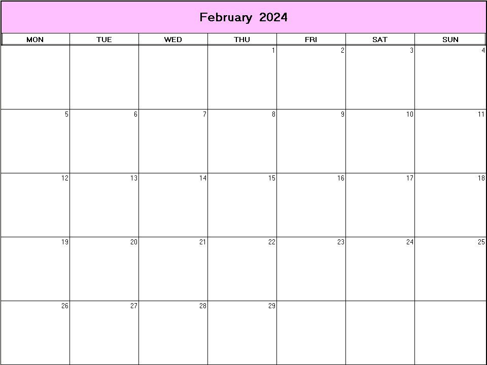 printable blank calendar image for February 2024