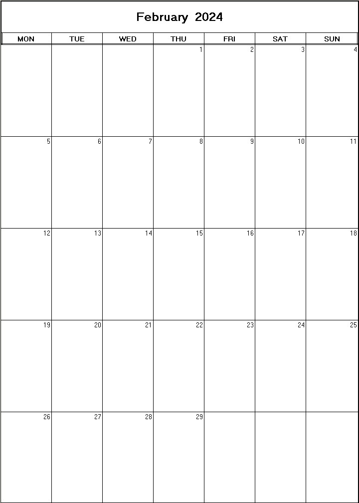 printable blank calendar image for February 2024