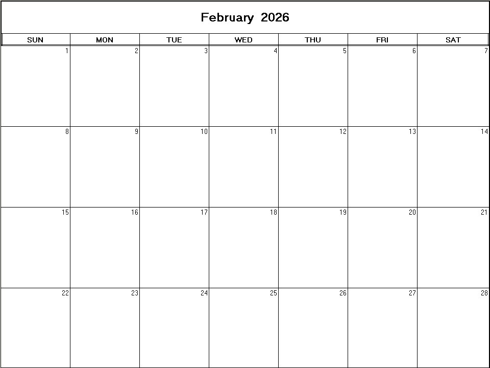 printable blank calendar image for February 2026
