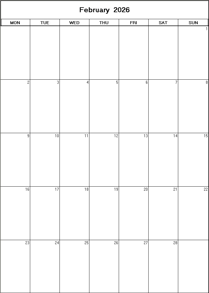 printable blank calendar image for February 2026