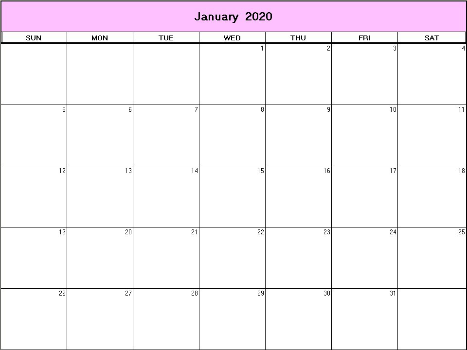 printable blank calendar image for January 2020