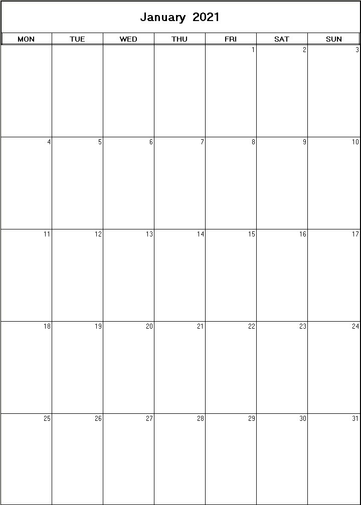 printable blank calendar image for January 2021