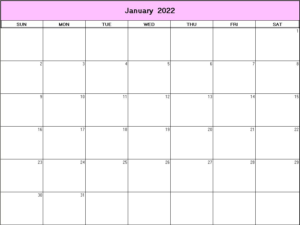 printable blank calendar image for January 2022