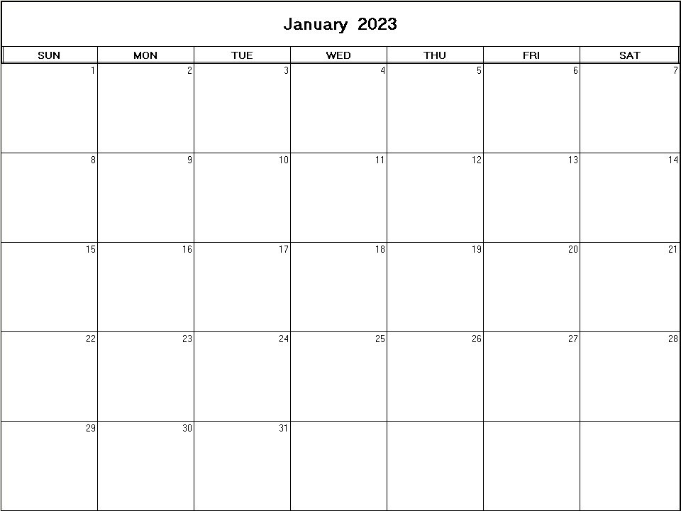 printable blank calendar image for January 2023