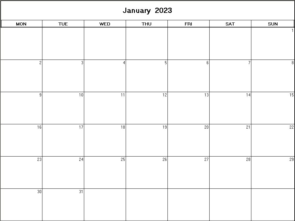 printable blank calendar image for January 2023