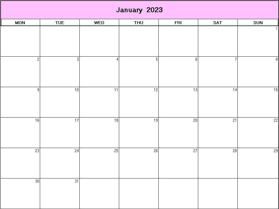 printable blank calendar image for January 2023