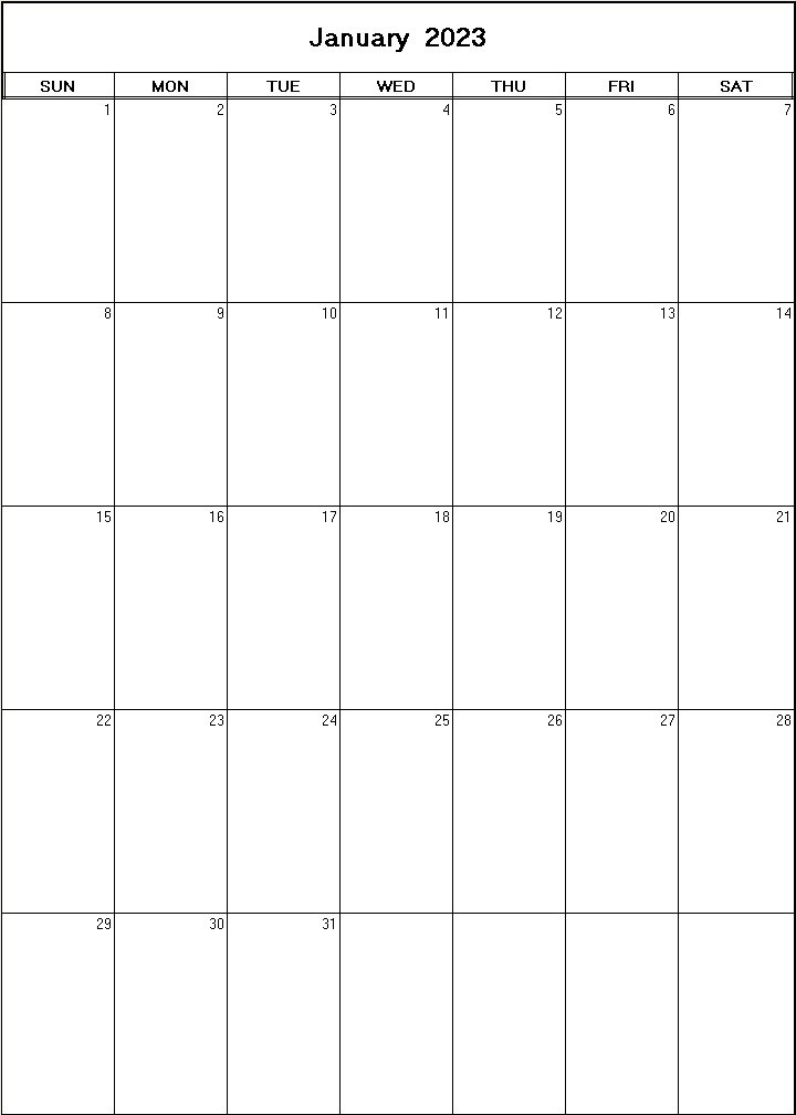 printable blank calendar image for January 2023