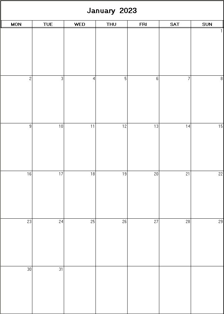 printable blank calendar image for January 2023