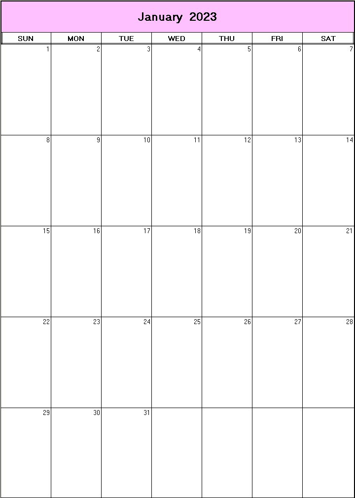 printable blank calendar image for January 2023