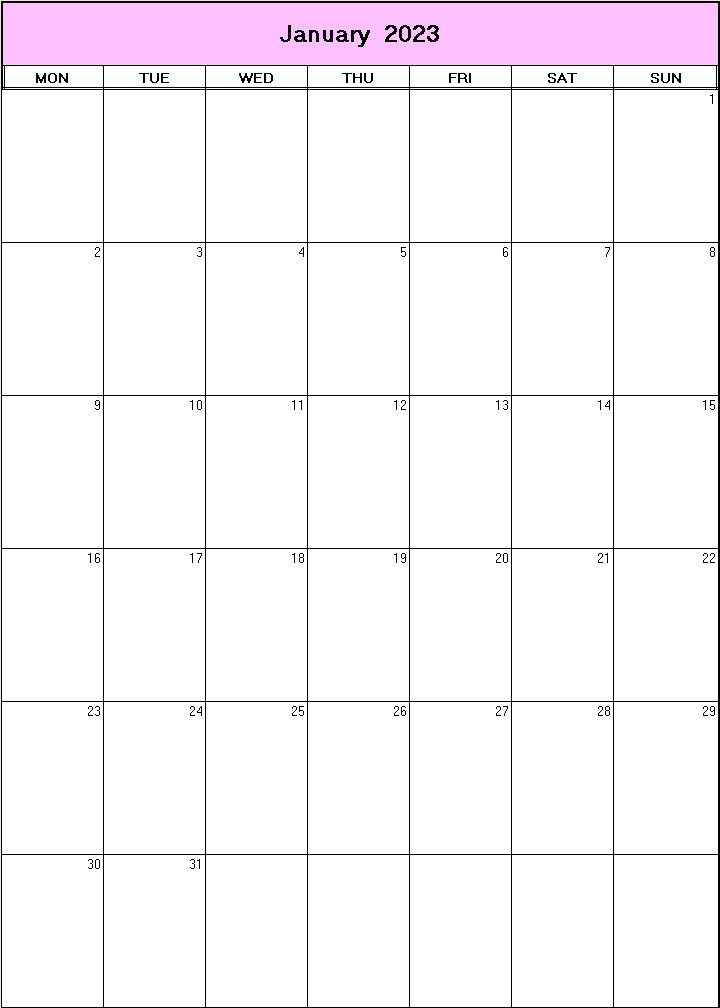 printable blank calendar image for January 2023