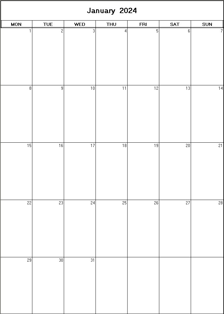 printable blank calendar image for January 2024