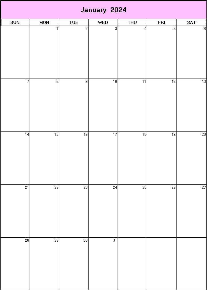 printable blank calendar image for January 2024